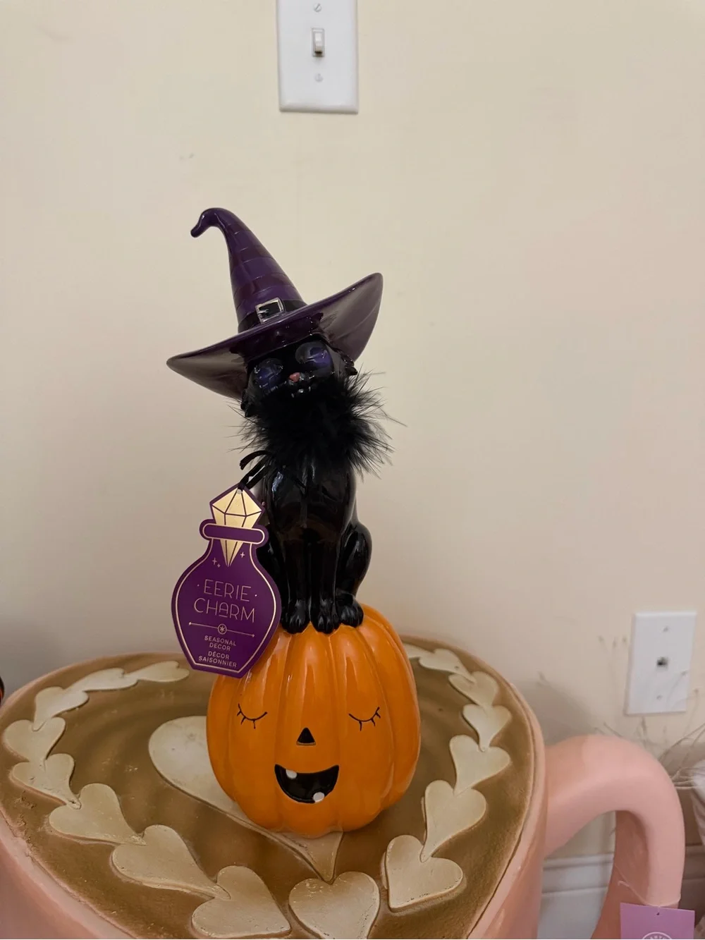 Eerie Charm Resin Halloween Black Cat with Witch Hat on Pumpkin